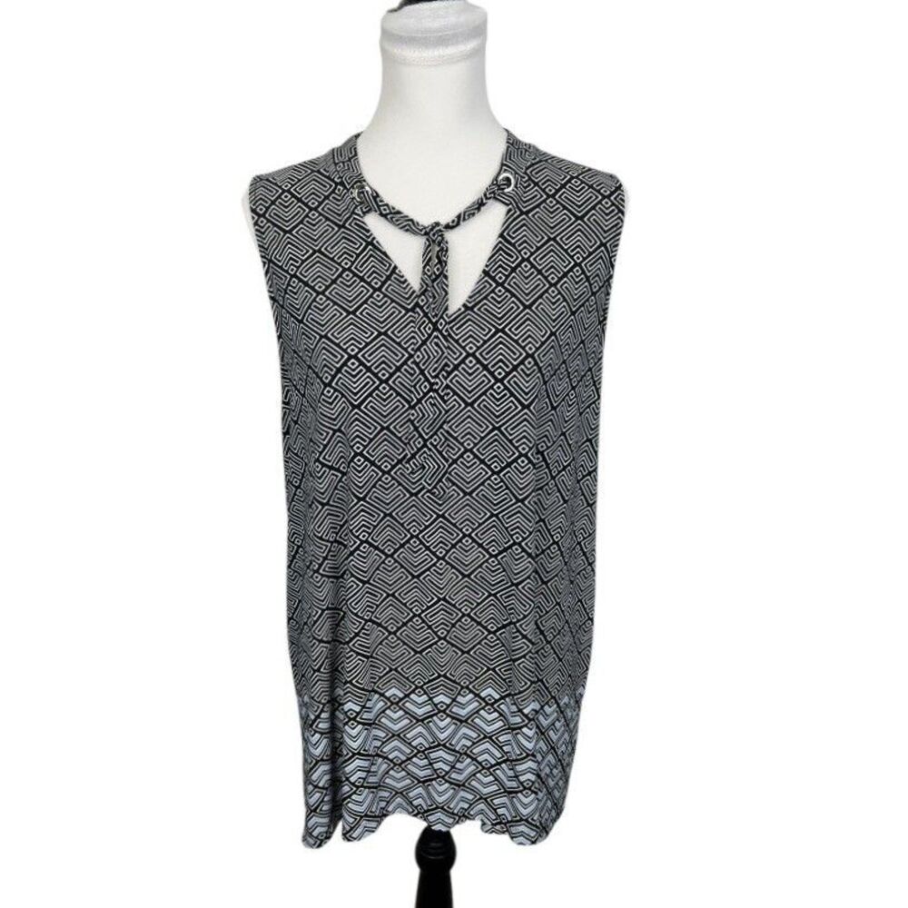 Rafaella Blouse Size XL Black & Blue Geometric Sleeveless Top Tie Front Tunic